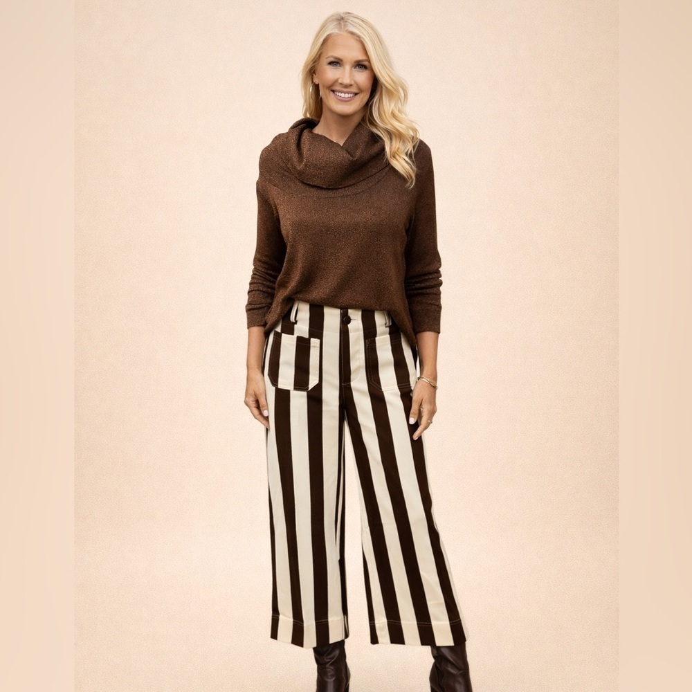 Glam Brown and Cream Striped Wide Leg Pants Size Large NWT